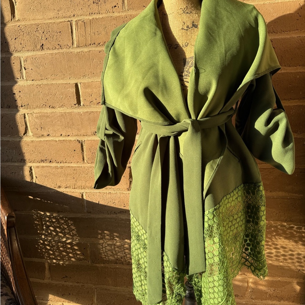 Chic Green Wrap Coat with Lace Detail